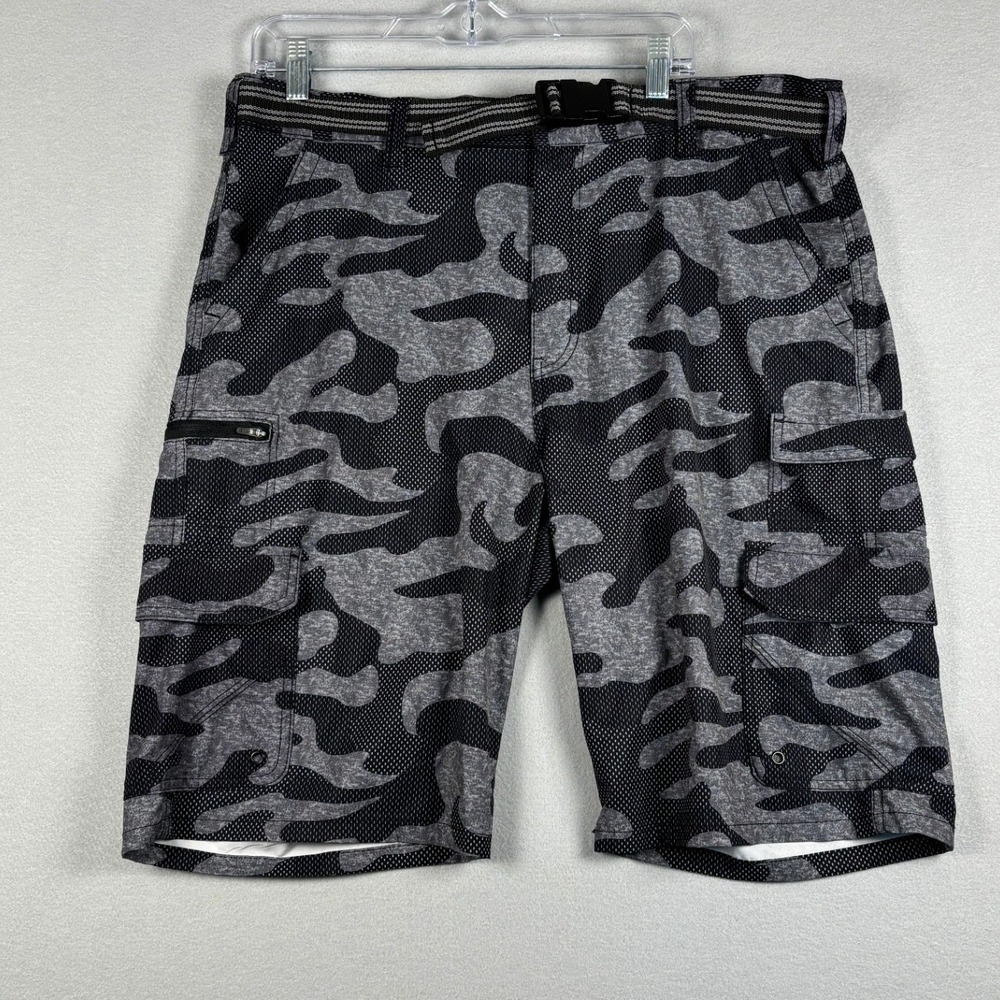 IRON CO Camo Cargo Shorts Belted Mesh‎ Overlay Tactical 36 Black Grey